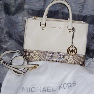 Michael Kors Snake Skin Trimed White Pebbled Leather Bag